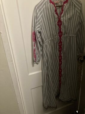 Fusion medium cotton Striped embroidered Maxi Dress with Pink Embroidered Trim